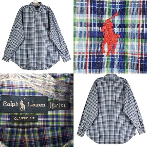 Polo Ralph Lauren Oxford Shirt Mens XL 17 Red Pony Plaid LS Button Down - Picture 1 of 11